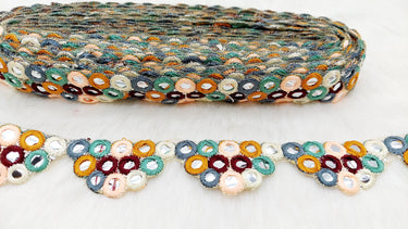 Multicoloured Indian Foil Mirror Trim, Kutch Embroidered Navratri Garba Dress Trim Bridal Lace, Indian Sari Border